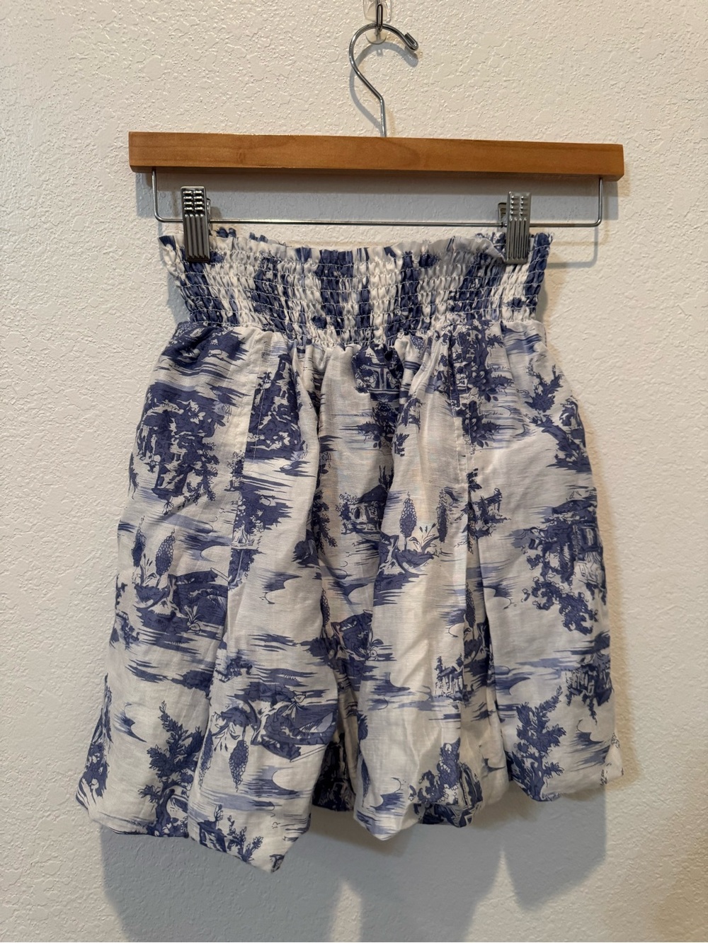 BURU Blue & White Toile Smocked Waist Bubble Mini Skirt